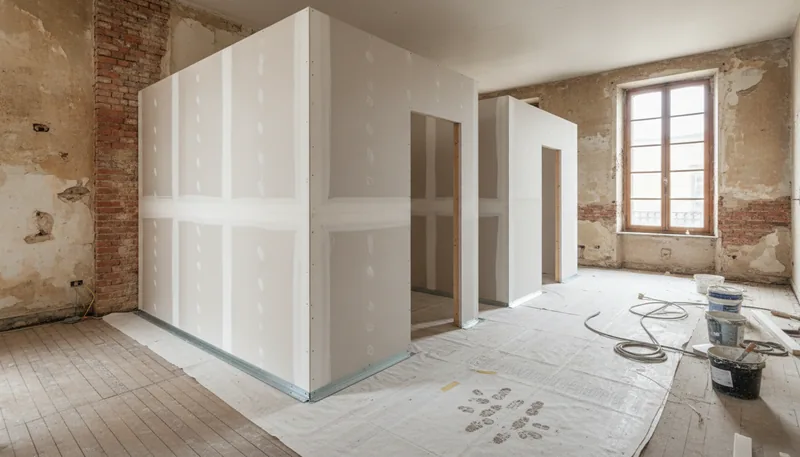Cloisons BA13 neuves créant deux chambres à l'étage d'une maison de ville en brique à Arras