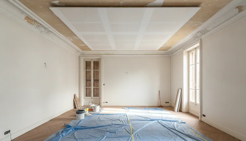 Faux plafond neuf posé en retrait des corniches d'un appartement Art déco à Saint-Quentin
